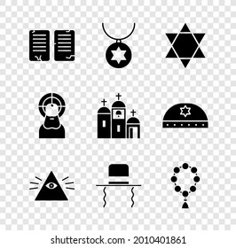 Set The commandments, Star of David necklace on chain, Masons, Orthodox jewish hat with sidelocks, Rosary beads religion, Jesus Christ and Church building icon. Vector