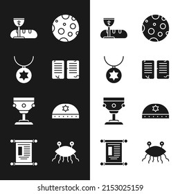 Set The commandments, Star of David necklace on chain, First communion symbols, Moon, Christian chalice, Jewish kippah with star david, Pastafarianism and Decree, paper, parchment, scroll icon. Vector