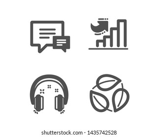 Set of Comment, Growth chart and Headphones icons. Leaves sign. Talk bubbles, Diagram graph, Earphones. Nature leaf.  Classic design comment icon. Flat design. Vector