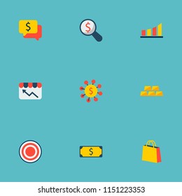Set of commerce icons flat style symbols with gold, store statistics, target and other icons for your web mobile app logo design.