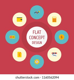 Set of commerce icons flat style symbols with store statistics, wallet, currency and other icons for your web mobile app logo design.
