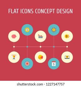 Set of commerce icons flat style symbols with money flow, target, set money and other icons for your web mobile app logo design.