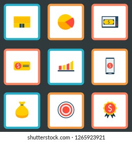 Set of commerce icons flat style symbols with office, pie chart, financial app and other icons for your web mobile app logo design.