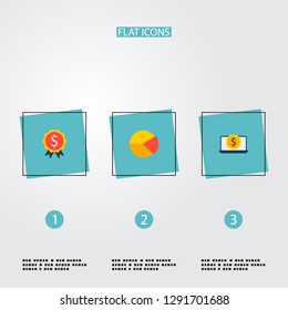 Set of commerce icons flat style symbols with financial award, laptop money, pie chart and other icons for your web mobile app logo design.