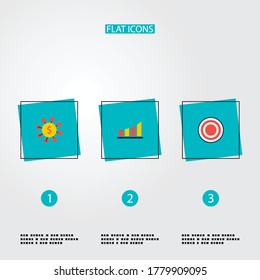 Set von Commerce-Symbolen flache Stilsymbole mit Ziel, Diagramm, Geldquelle und anderen Symbolen für Ihr Web-Mobile-App-Logo.