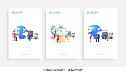 Set of commerce and logistics. Flat vector illustrations of courier uploading truck for online store team, delivering parcels. Retail concept for banner, website design or landing web page
