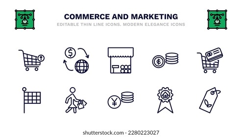 set of commerce and marketing thin line icons. commerce and marketing outline icons such as  , grocery store, turkish, tools cart, checkered, checkered, shopper with bags, yens coins stack, house