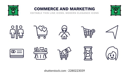 conjunto de iconos de línea delgada de comercio y marketing. íconos del esquema de comercio y marketing como la compra solidaria, mujer con hipoteca, añadir al carrito, , tarjeta de crédito grande, tarjeta de crédito grande, comercio y