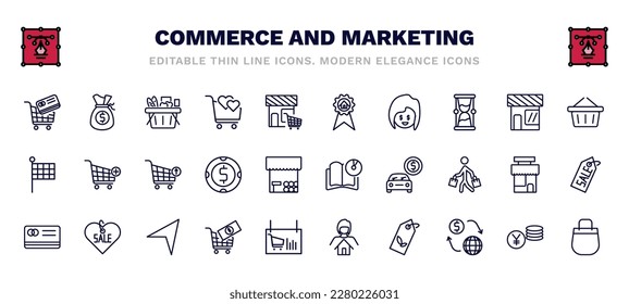 conjunto de iconos de línea delgada de comercio y marketing. íconos del esquema de comercio y marketing como el carrito de herramientas, el botón de la casa, la cesta del supermercado, sacar del carro, la tarjeta de crédito grande, el comercio y