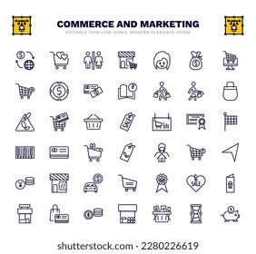 conjunto de iconos de línea delgada de comercio y marketing. íconos del esquema de comercio y marketing como el baño de hombres y mujeres, el de compras con bolsas, la etiqueta de venta, la tarjeta de crédito grande, la insignia de la casa, el turco