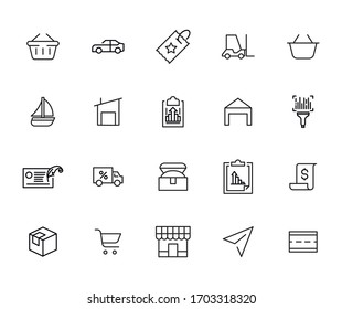 Conjunto de iconos de línea vectorial relacionados con el comercio. Paquete de símbolos lineales Premium. Ilustración vectorial aislada en un fondo blanco. Símbolos web para sitios web y aplicaciones móviles. Diseño moderno. 