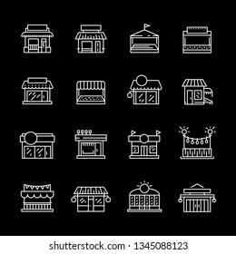 Set commerce store front outline vector icon. Illustration building facade shop minimalistic flat style. Icon. Icons of commercial buildings and premises for shops and public service companies