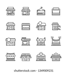 Set commerce store front outline vector icon. Illustration building facade shop minimalistic flat style. Icon. Icons of commercial buildings and premises for shops and public service companies