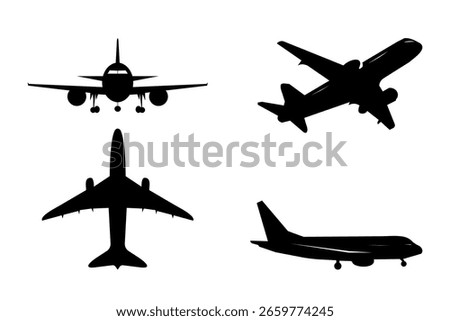 Set of commercial airplane silhouettes in different angles on white background. Includes top view, side view, front view, angled view. Perfect for aviation-themed designs, travel, transportation