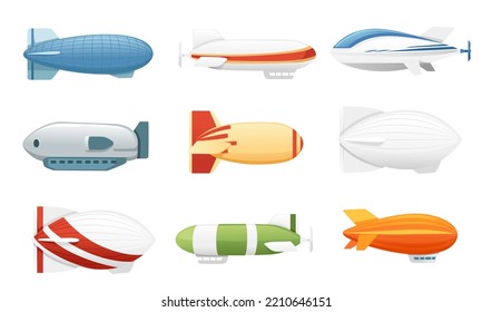 Set bestehend aus verschiedenen Handelsschiffen und formt farbstarre Vektorgrafik von Luftschiffen einzeln auf weißem Hintergrund