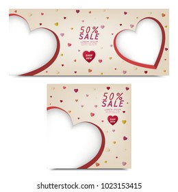 set of commercial banner heart frame. colorful heart dots background. cute vector illustration for commercial text, Valentine's day. space for text.