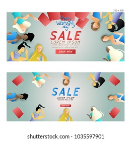 set of commercial banners,group of women chit chat about shopping,cute cartoon character,vector illustration,international women's day,space for text
