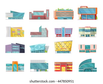 Set Of Commercial Buildings, Architecture Variations In Flat Design. Modern Structures Vector For Web Design, App Icons, Navigation Services. Shop, Mall, Supermarket, Business Center Illustrations.