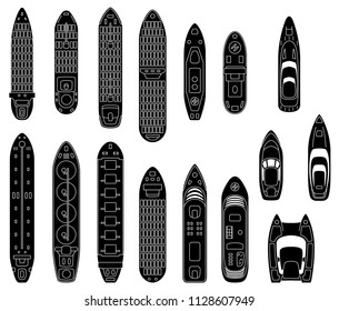 Set of commercial cargo and passengers ships. Sea transportation vehicle. Transport boat. International water trade concept. Vector illustration.