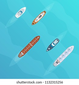 Set of commercial cargo and passengers ships. Sea transportation vehicle. Transport boat. International water trade concept. Vector illustration.