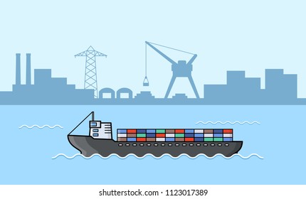 Set of commercial cargo ships. Sea transportation vehicle. Water logistics. Transport boat. International water trade concept. Port background. Vector illustration.