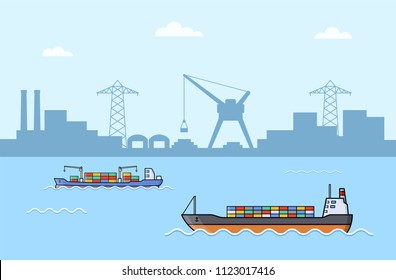 Set of commercial cargo ships. Sea transportation vehicle. Water logistics. Transport boat. International water trade concept. Port background. Vector illustration.