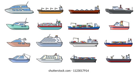 Set of commercial cargo ships. Sea transportation vehicle. Transport boat. International water trade concept. Vector illustration.