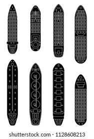 Set of commercial cargo ships. Sea transportation vehicle. Transport boat, tanker, container ships. International water trade concept. Vector illustration.