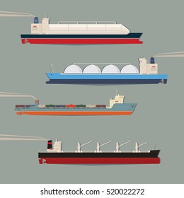 Set of commercial cargo vessels and tankers. LNG ship, bulk carrier, train ferry. Freight industrial cargo ships side view isolated. Vector illustration svg