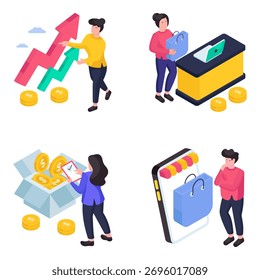 Conjunto de consumidores comerciales y Ilustraciones isométricas de análisis 