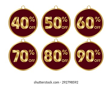 Set of commercial round badges. Economical buy. 40, 50, 60, 70, 80, 90 percent discount. Suitable for advertisements, price tags, stickers etc. Color - gold and burgundy. Vector illustration