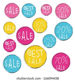 Set of commercial sale stickers. Big Sale tags with Sale up to  20 - 70 percent hand-drawn text. cmyk.