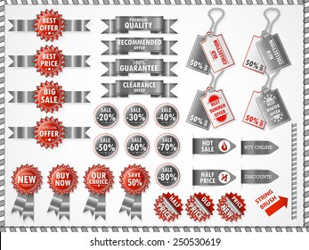 Set of commercial sale stickers, elements, badges and labels. Red & silver.