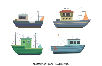 Set of commercial sea fishing trawlers vessels. Vector illustration in flat cartoon style.