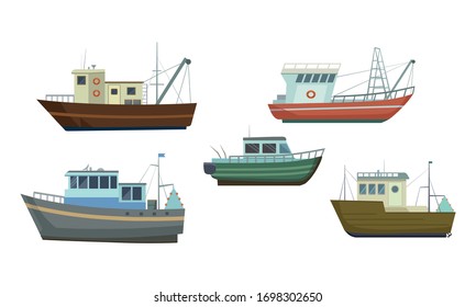 Set of commercial sea fishing trawlers vessels. Vector illustration in flat cartoon style.