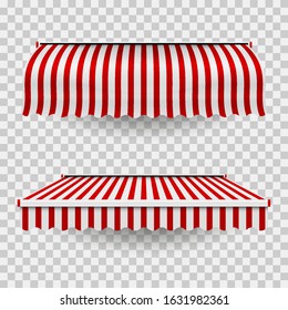 Set of commercial vector awnings. Market, cafe, or restaurant desing elements. Red and white striped awning isolated on transparent background.
