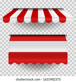 Set of commercial vector awnings. Market, cafe, or restaurant desing elements. Red and white striped awning isolated on transparent background.