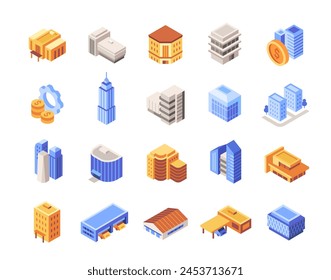 Conjunto de iconos coloridos de edificios comerciales. Símbolos brillantes con oficina de negocios, rascacielos, hotel, almacén logístico y garaje. Colección de Vector isométrica de dibujos animados aislada sobre fondo blanco