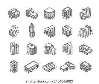 Set of Commerical Buildings line icons. Signs with skyscraper, garage, shopping mall, warehouse and business office. Design for app. Outline isometric vector collection isolated on white background