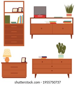 Set of commode illustrations on theme of storage furniture. Chests of drawers vector illustration