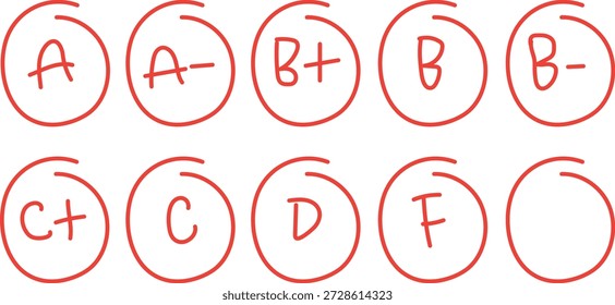  Conjunto de notas académicas comunes, dibujadas a mano dentro de círculos rojos. Estas notas se utilizan normalmente para indicar los resultados de los exámenes, la tarea o el rendimiento general de la clase