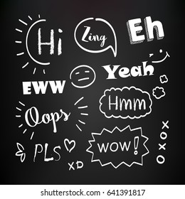 Set of common chat slang interjections.  Short quotes and phrases on the chalkboard background. Hand drawn design elements.