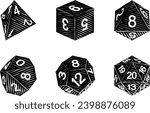 A set of common game dice used for roleplaying RPG or fantasy tabletop board games in a vintage retro woodcut style
