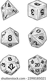 A set of common game dice used for roleplaying RPG or fantasy tabletop board games in a vintage retro woodcut style
