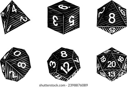 A set of common game dice used for roleplaying RPG or fantasy tabletop board games in a vintage retro woodcut style
 svg