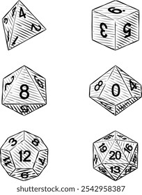 A set of common game dice used for roleplaying RPG or fantasy tabletop board games in a vintage retro woodcut style
