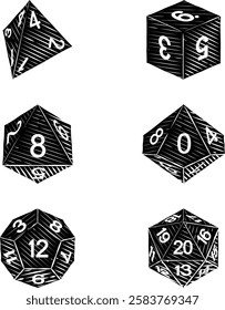 A set of common game dice used for roleplaying RPG or fantasy tabletop board games in a vintage retro woodcut style
