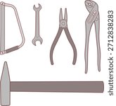 A set of common hand tools including a hacksaw, wrench, pliers, and hammer