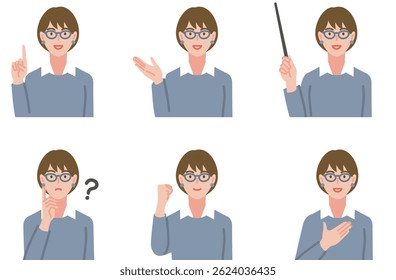 Um conjunto de poses comuns para professoras com óculos