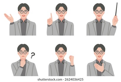 Um conjunto de poses comuns para professores do sexo masculino com óculos